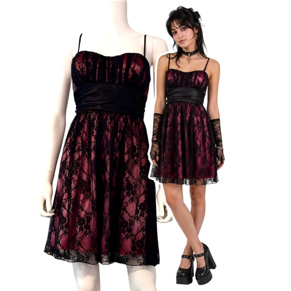 Y2K Mall Goth Pink Satin Black Lace Overlay Party Dress Size Medium Formal HoCo